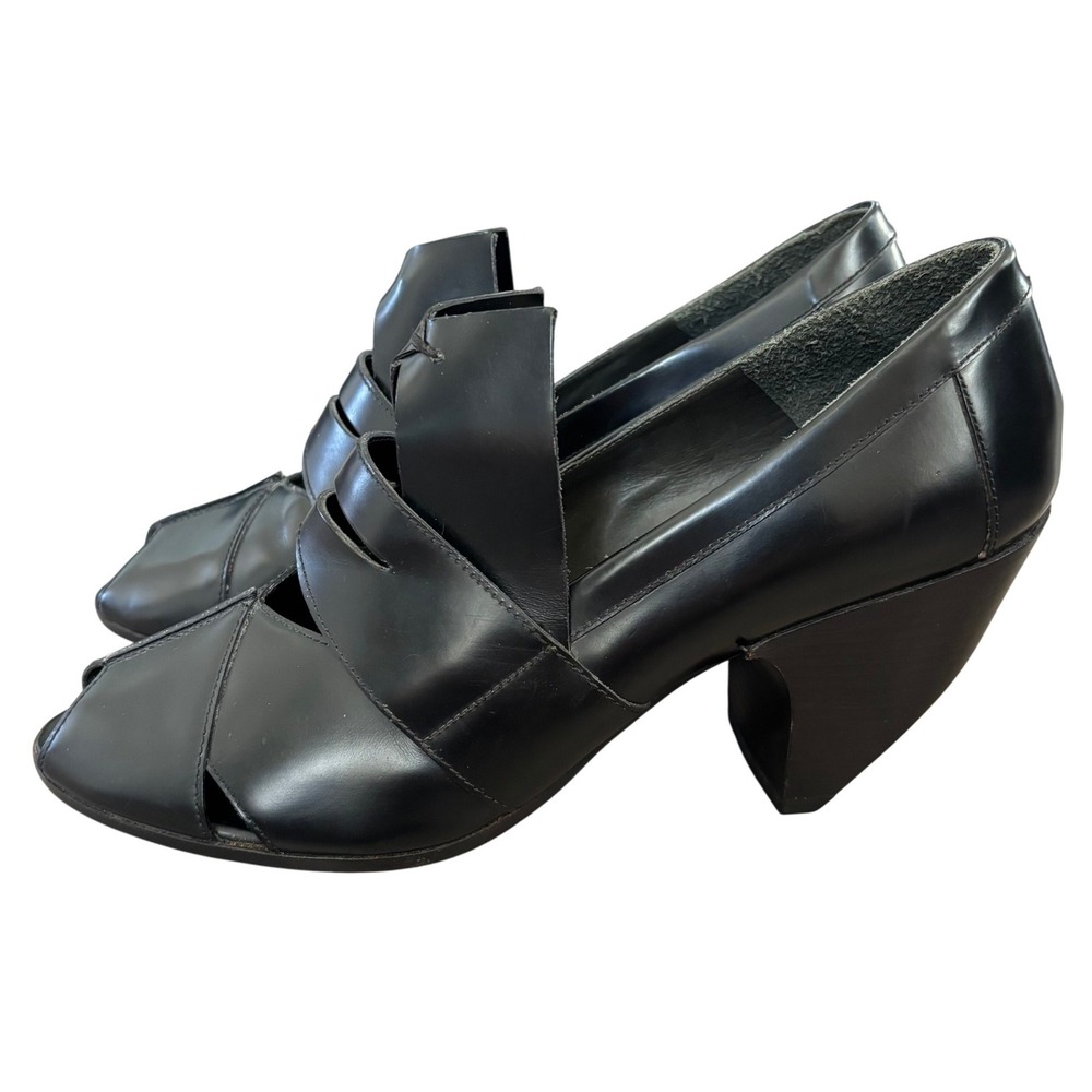 Marc Jacobs Made in Italy Chunky Pumps‎ Sz 39.5 EU Black Leather Open Toe Chic